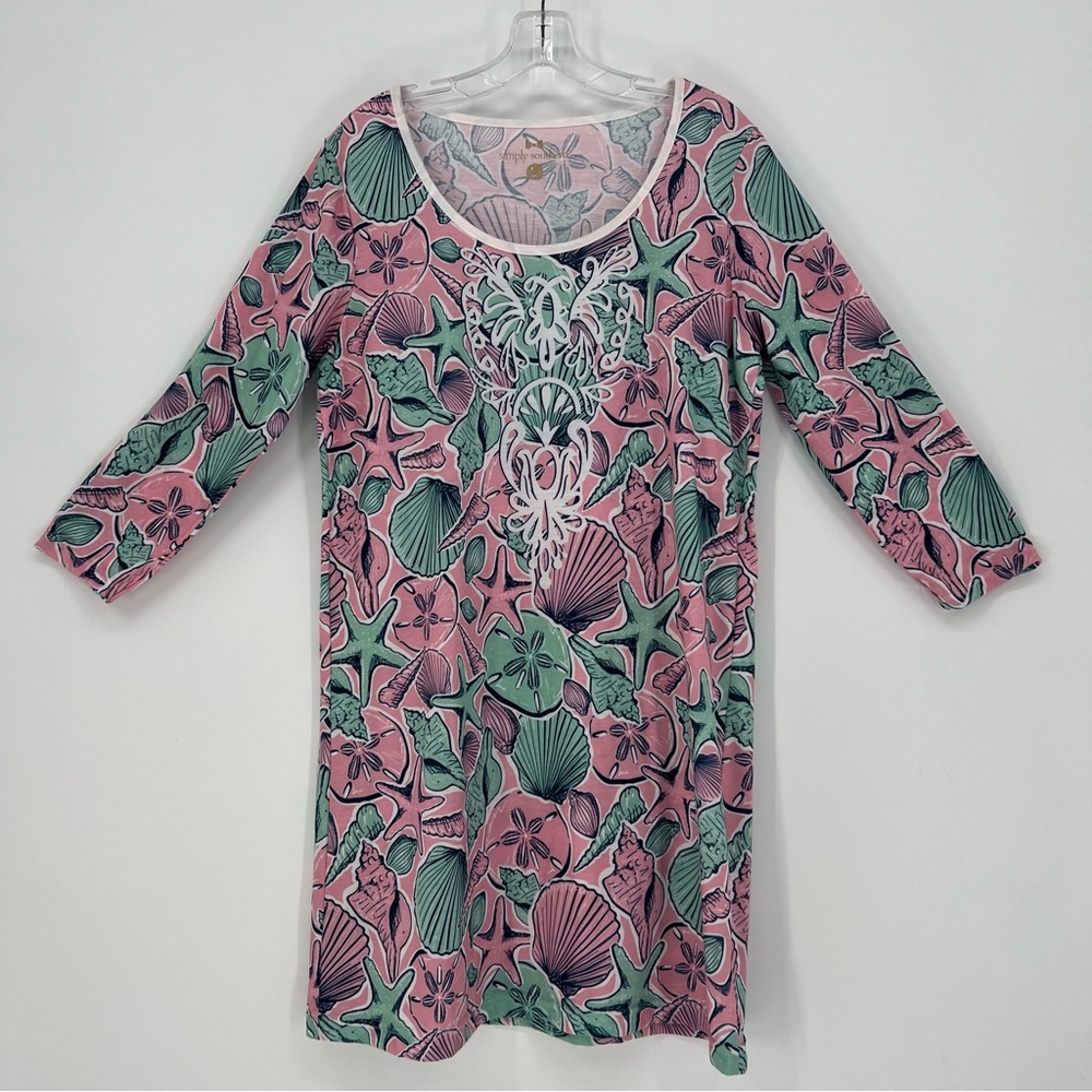 Simply Southern Midi T-Shirt Dress Large Long Sleeve Pink & Green Sea Shells